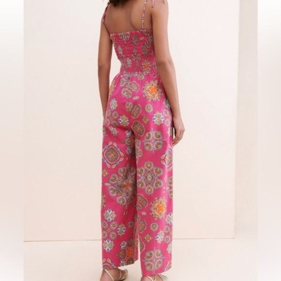 Maeve Anthropologie Pink Floral Smocked Wide Leg Jumpsuit Size medium - Picture 2 of 9